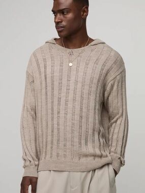 Men's Hooded Ribbed Knit Sweater - Beige
